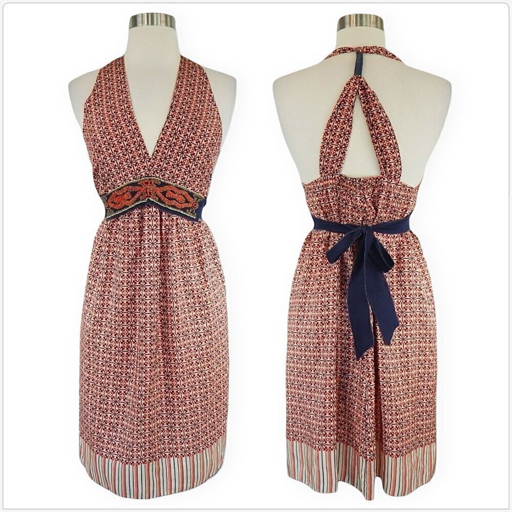 Rozae Nichols Silk Red White Blue Halter Empire Beaded Belted Boho Dress P